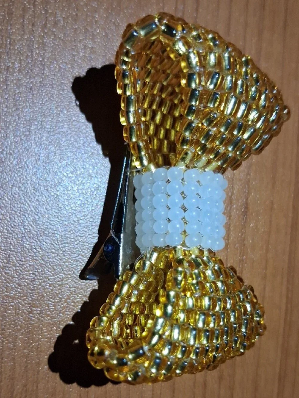 Gold and White Beaded Bow Hair Clip